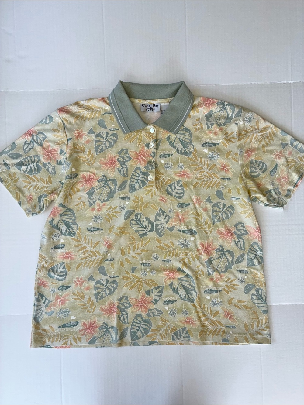 Coral Bay Golf Women’s Short Sleeve Floral Polo Shirt Size XL Tan Green
